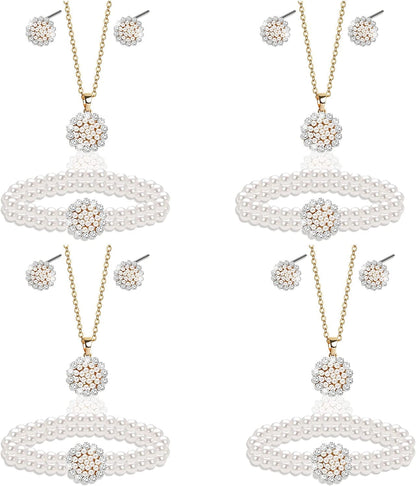 Uqvn Silver Gold Bridesmaid Jewelry Set for Wedding of 4 6 8 Set, Pearl Necklace Earrings Bracelet Gifts Set for Bridesmaid on Wedding Day Bachelorette Party 4 Set Gold