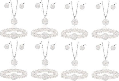 Uqvn Silver Gold Bridesmaid Jewelry Set for Wedding of 4 6 8 Set, Pearl Necklace Earrings Bracelet Gifts Set for Bridesmaid on Wedding Day Bachelorette Party 8 Set Silver