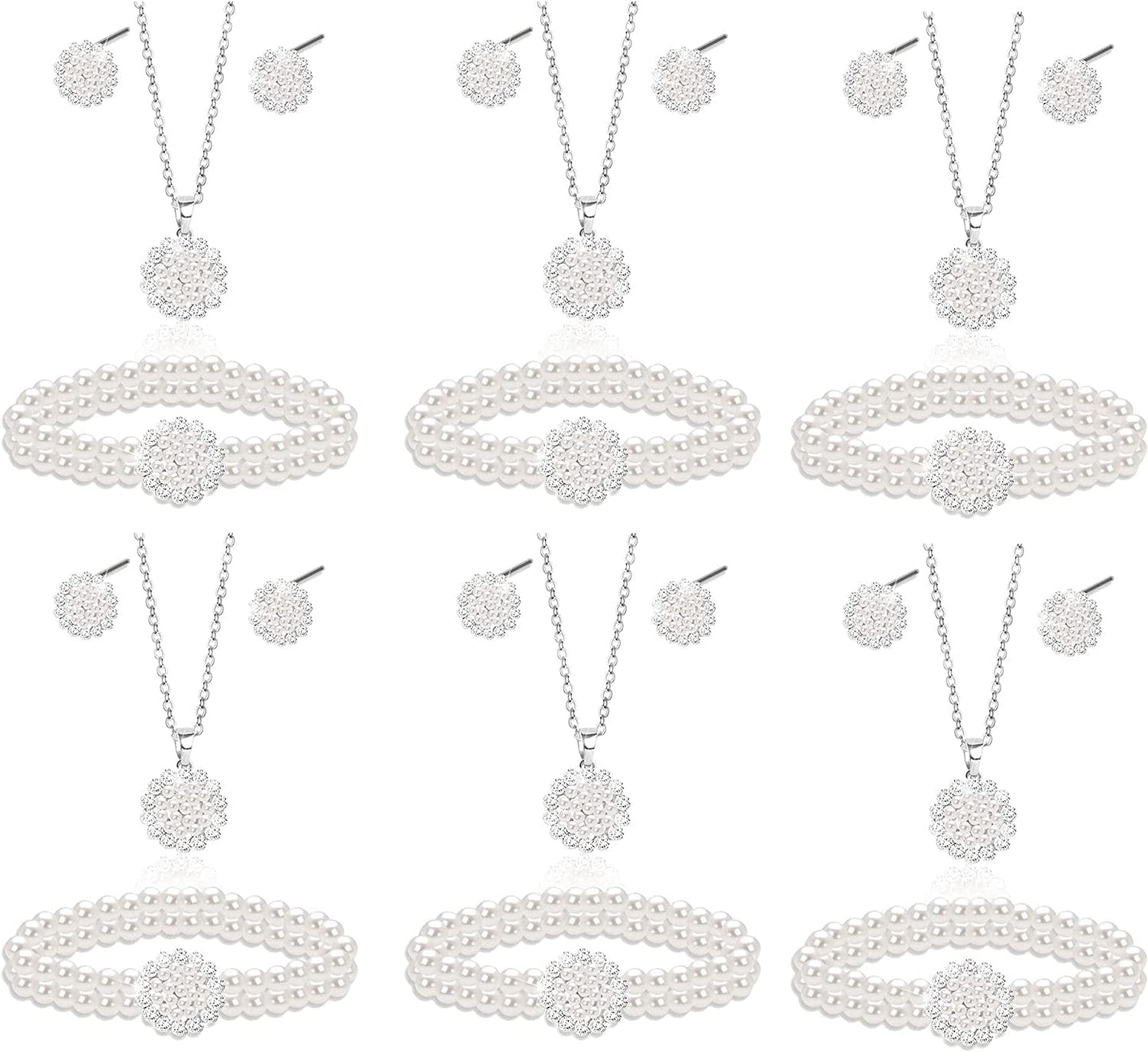 Uqvn Silver Gold Bridesmaid Jewelry Set for Wedding of 4 6 8 Set, Pearl Necklace Earrings Bracelet Gifts Set for Bridesmaid on Wedding Day Bachelorette Party 6 Set Silver