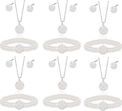 Uqvn Silver Gold Bridesmaid Jewelry Set for Wedding of 4 6 8 Set, Pearl Necklace Earrings Bracelet Gifts Set for Bridesmaid on Wedding Day Bachelorette Party 6 Set Silver