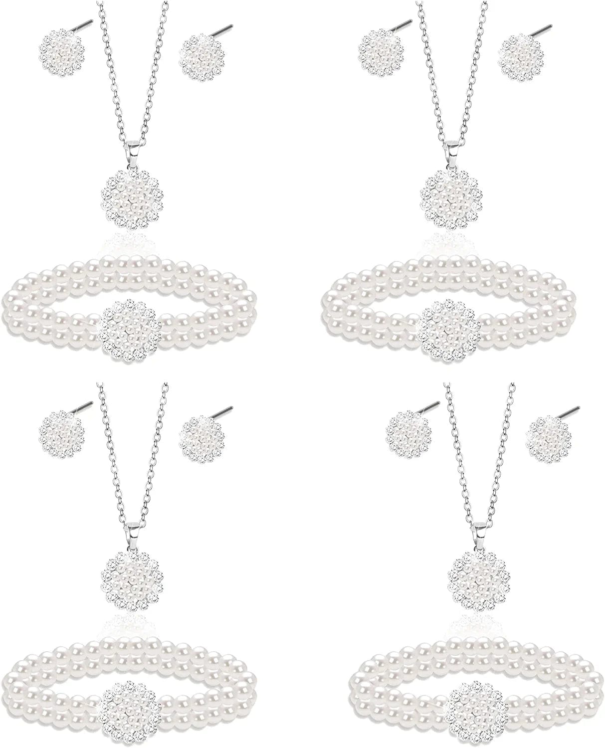 Uqvn Silver Gold Bridesmaid Jewelry Set for Wedding of 4 6 8 Set, Pearl Necklace Earrings Bracelet Gifts Set for Bridesmaid on Wedding Day Bachelorette Party 4 Set Silver