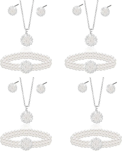 Uqvn Silver Gold Bridesmaid Jewelry Set for Wedding of 4 6 8 Set, Pearl Necklace Earrings Bracelet Gifts Set for Bridesmaid on Wedding Day Bachelorette Party 4 Set Silver