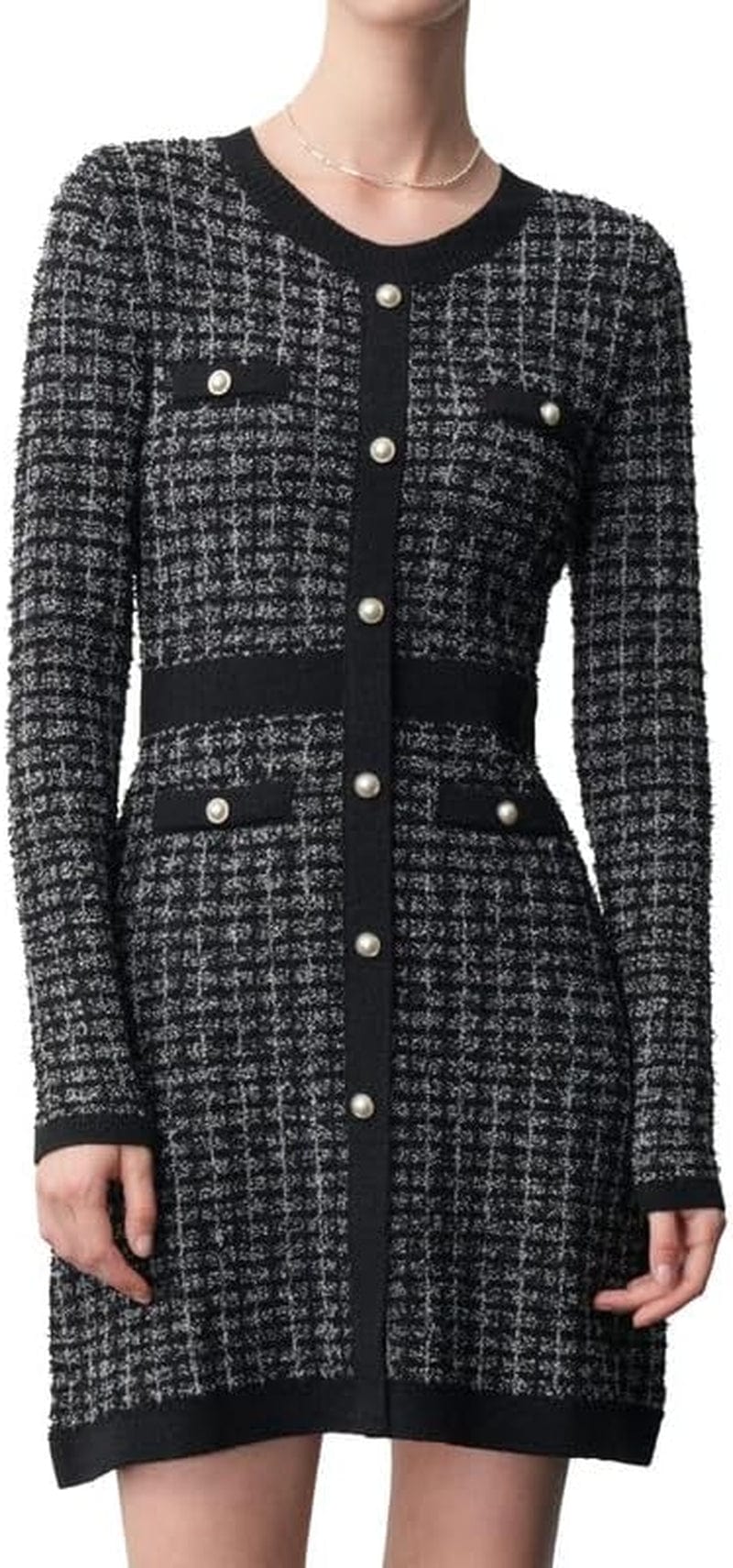 URBAN REVIVO Women'S Short Sleeve Tweed Knitted Sweater Dress Pearl Button Mini Dresses for Spring Summer Fall Black-Style-2 / Large