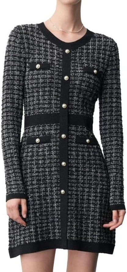 URBAN REVIVO Women'S Short Sleeve Tweed Knitted Sweater Dress Pearl Button Mini Dresses for Spring Summer Fall Black-Style-2 / Large