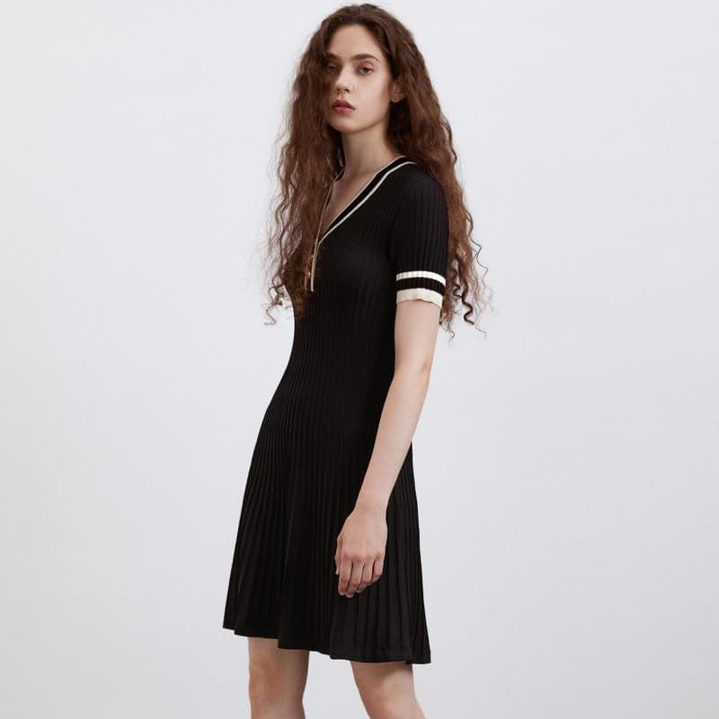URBAN REVIVO Women'S Short Sleeve Tweed Knitted Sweater Dress Pearl Button Mini Dresses for Spring Summer Fall