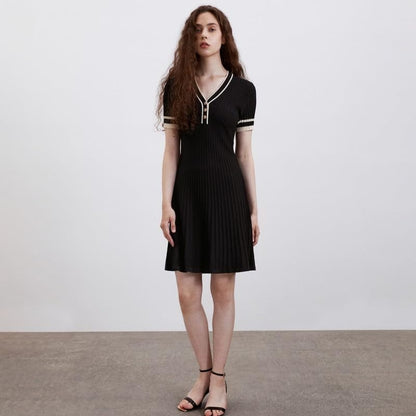 URBAN REVIVO Women'S Short Sleeve Tweed Knitted Sweater Dress Pearl Button Mini Dresses for Spring Summer Fall