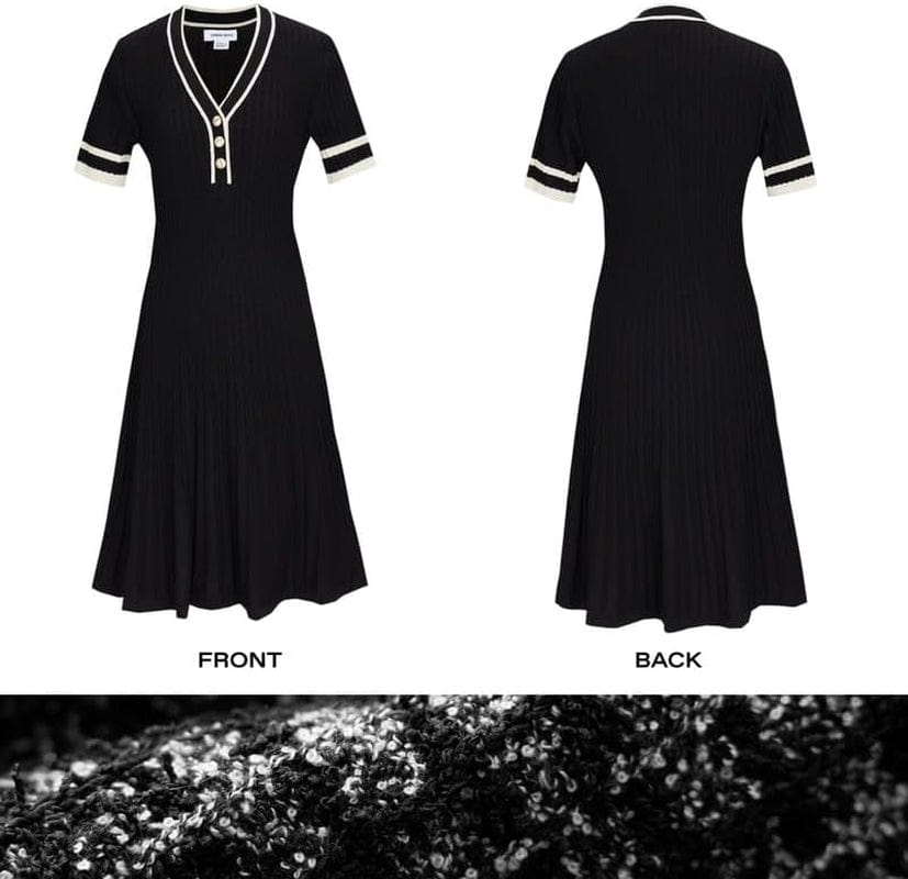 URBAN REVIVO Women'S Short Sleeve Tweed Knitted Sweater Dress Pearl Button Mini Dresses for Spring Summer Fall