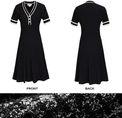 URBAN REVIVO Women'S Short Sleeve Tweed Knitted Sweater Dress Pearl Button Mini Dresses for Spring Summer Fall