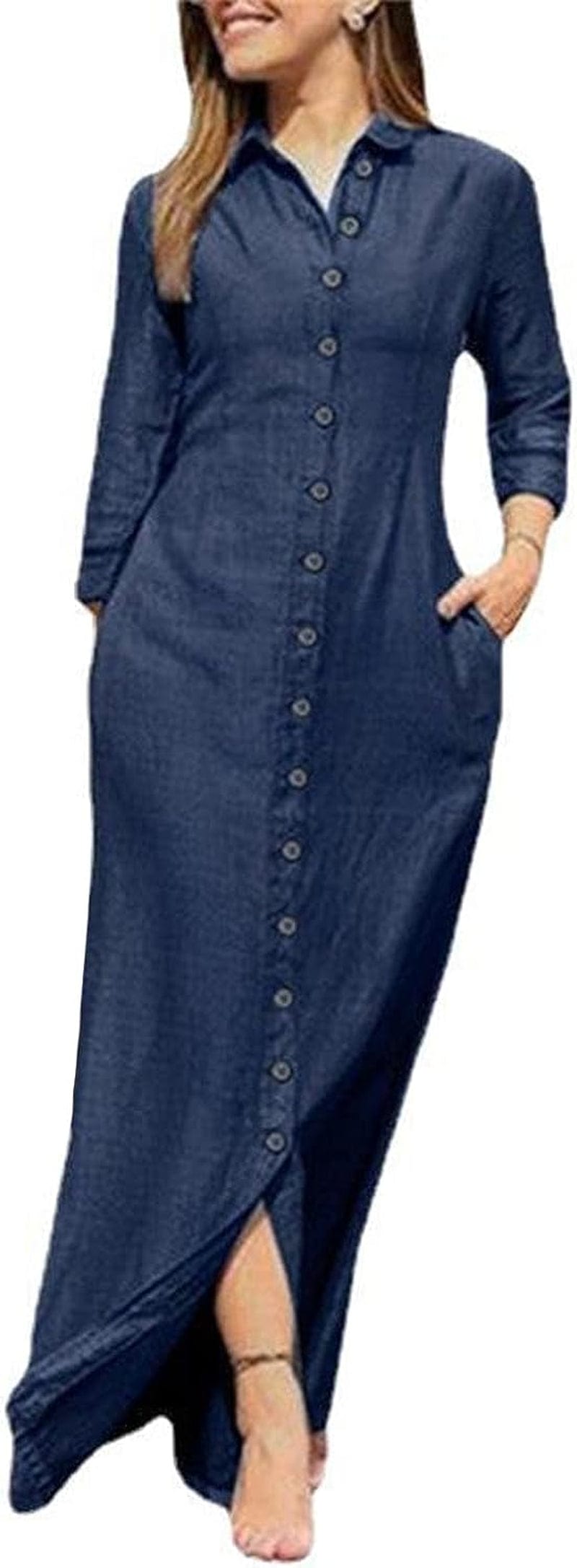 Utcoco Womens Casual Button down Denim Maxi Dress Lapel Long Sleeve Long Jean Dresses with Pockets Dark Blue / X-Large