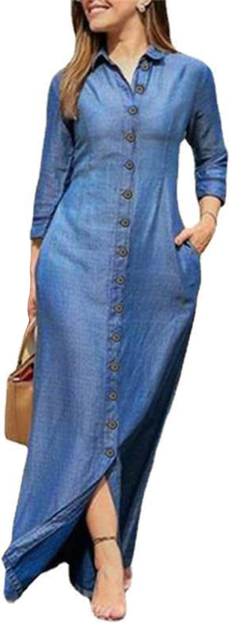 Utcoco Womens Casual Button down Denim Maxi Dress Lapel Long Sleeve Long Jean Dresses with Pockets Blue / Large