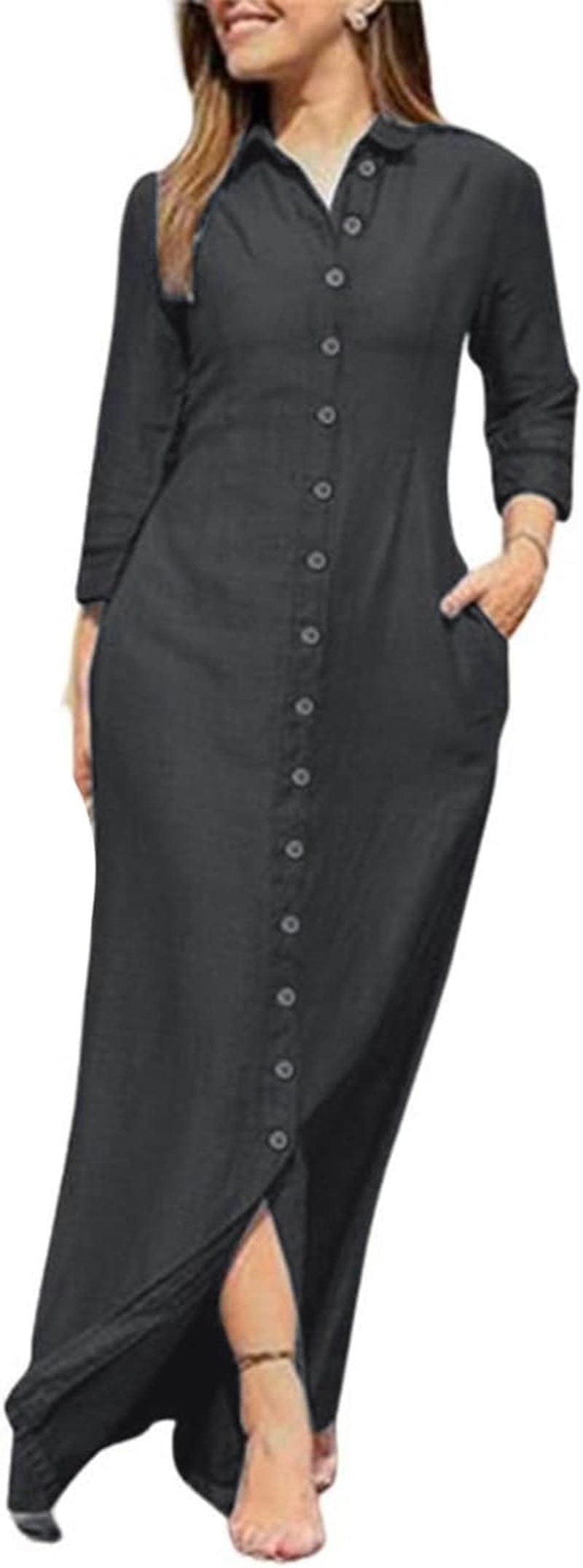 Utcoco Womens Casual Button down Denim Maxi Dress Lapel Long Sleeve Long Jean Dresses with Pockets Black / Small