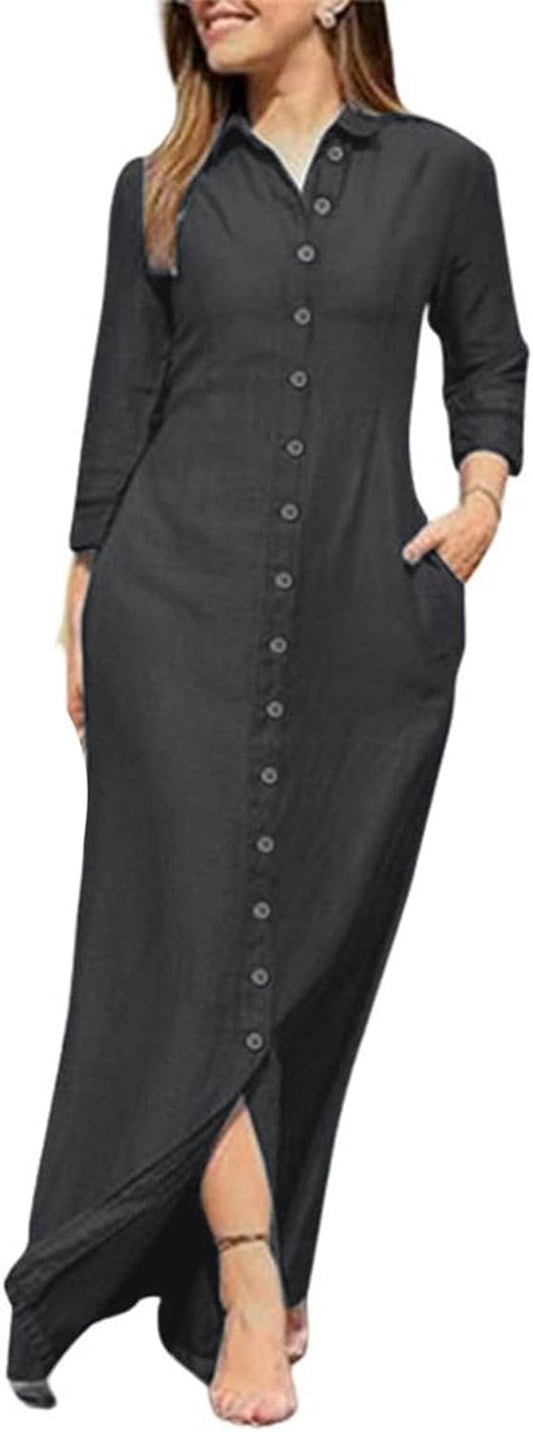 Utcoco Womens Casual Button down Denim Maxi Dress Lapel Long Sleeve Long Jean Dresses with Pockets