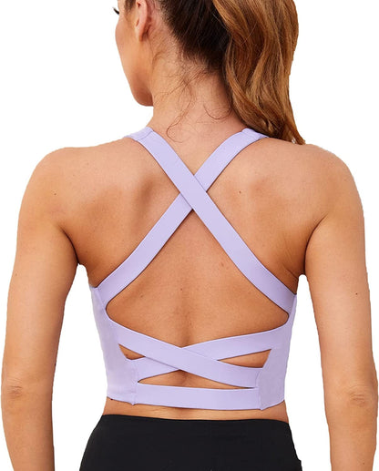 V Neck Sports Bras for Women Longline Wirefree Padded Camisole Yoga Bra Medium Support Workout Crop Top Tank Tops for Girls Wl-lavender Purple / X-Large