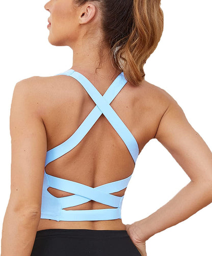 V Neck Sports Bras for Women Longline Wirefree Padded Camisole Yoga Bra Medium Support Workout Crop Top Tank Tops for Girls Wl-powder Blue / X-Large