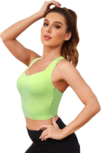V Neck Sports Bras for Women Longline Wirefree Padded Camisole Yoga Bra Medium Support Workout Crop Top Tank Tops for Girls