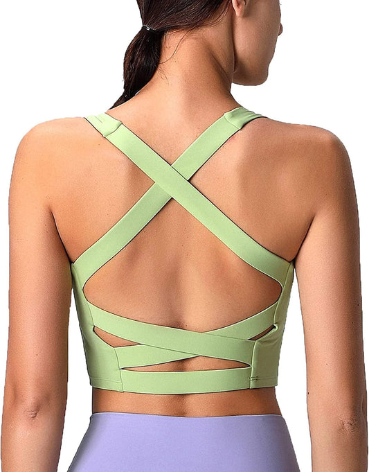 V Neck Sports Bras for Women Longline Wirefree Padded Camisole Yoga Bra Medium Support Workout Crop Top Tank Tops for Girls Wl-opaline Green / X-Large