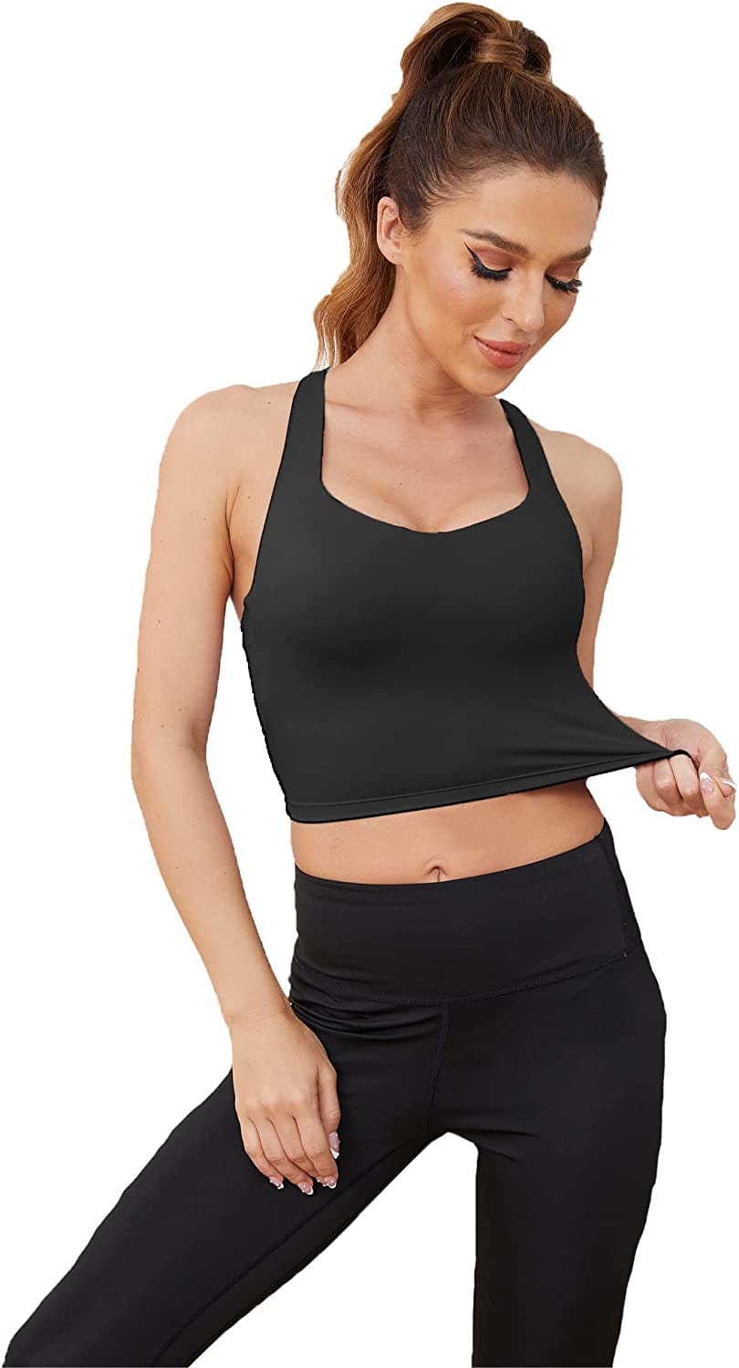 V Neck Sports Bras for Women Longline Wirefree Padded Camisole Yoga Bra Medium Support Workout Crop Top Tank Tops for Girls