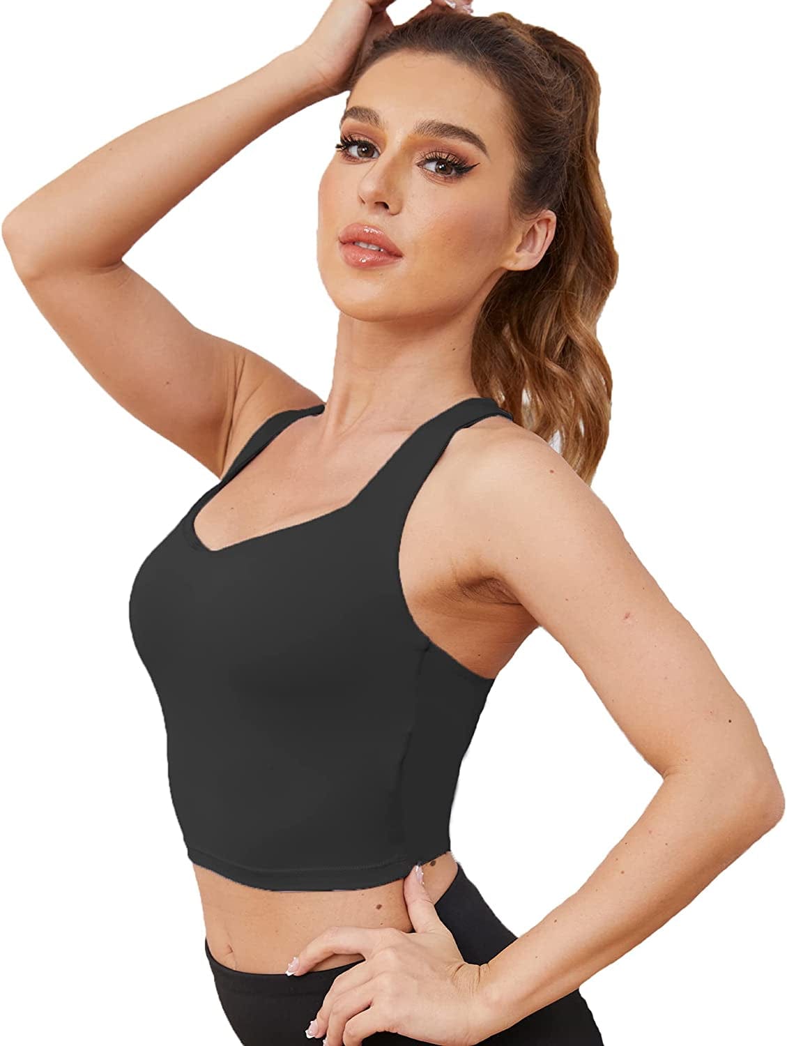 V Neck Sports Bras for Women Longline Wirefree Padded Camisole Yoga Bra Medium Support Workout Crop Top Tank Tops for Girls