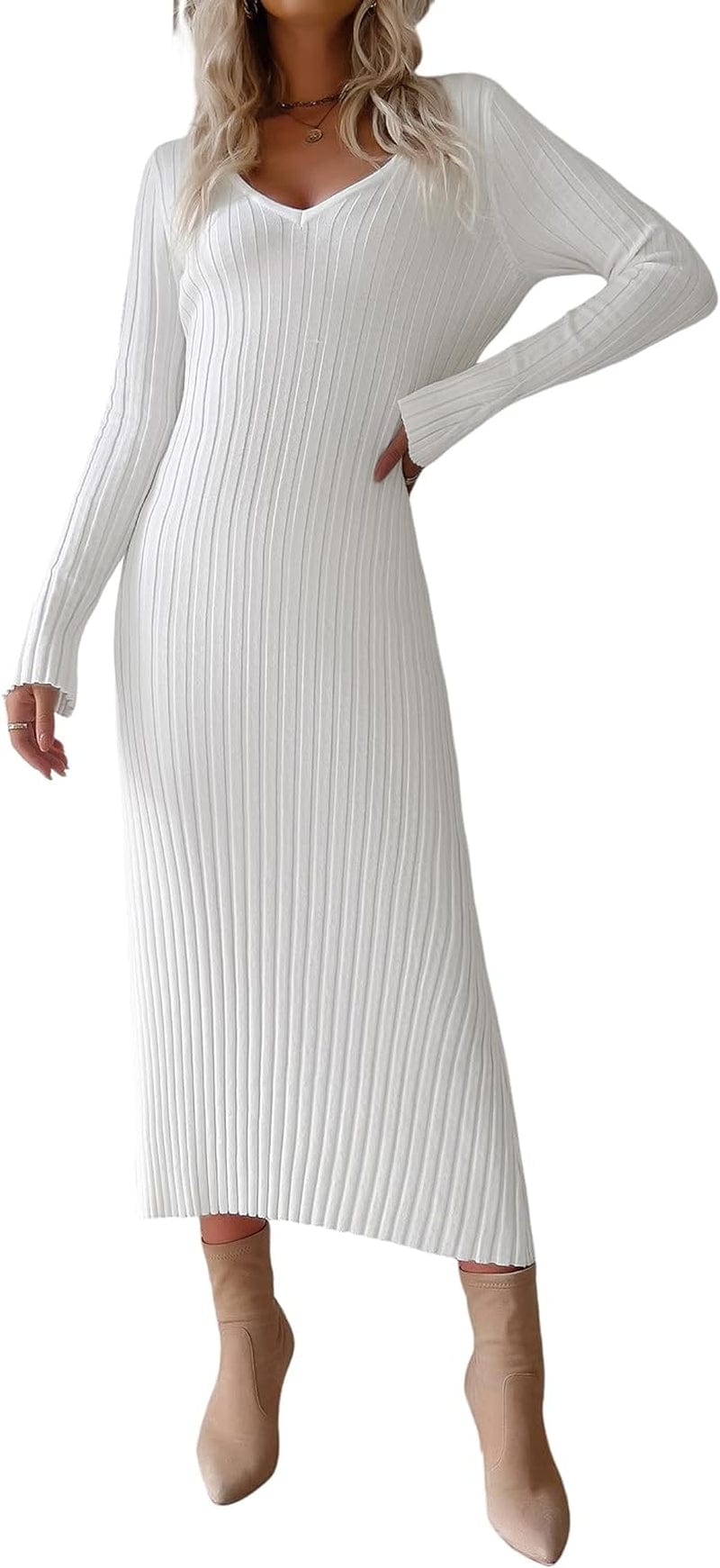 Vaiaye Woman'S Long Sleeve Sweater Dress 2023 Elegant Midi Dress Knit Dresses Side Slit Bodycon Dress for Women B-White / Medium