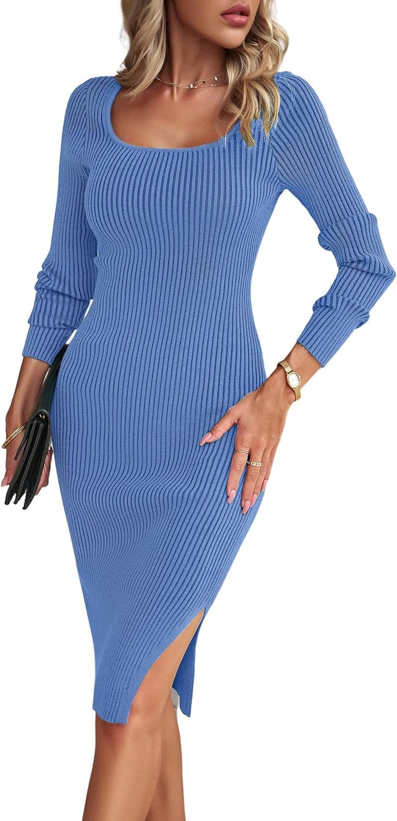 Vaiaye Woman'S Long Sleeve Sweater Dress 2023 Elegant Midi Dress Knit Dresses Side Slit Bodycon Dress for Women A-Blue / Large