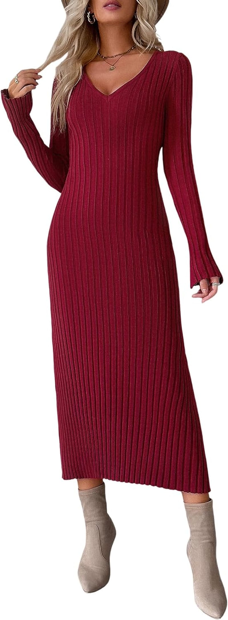 Vaiaye Woman'S Long Sleeve Sweater Dress 2023 Elegant Midi Dress Knit Dresses Side Slit Bodycon Dress for Women B-Wine Red / Large