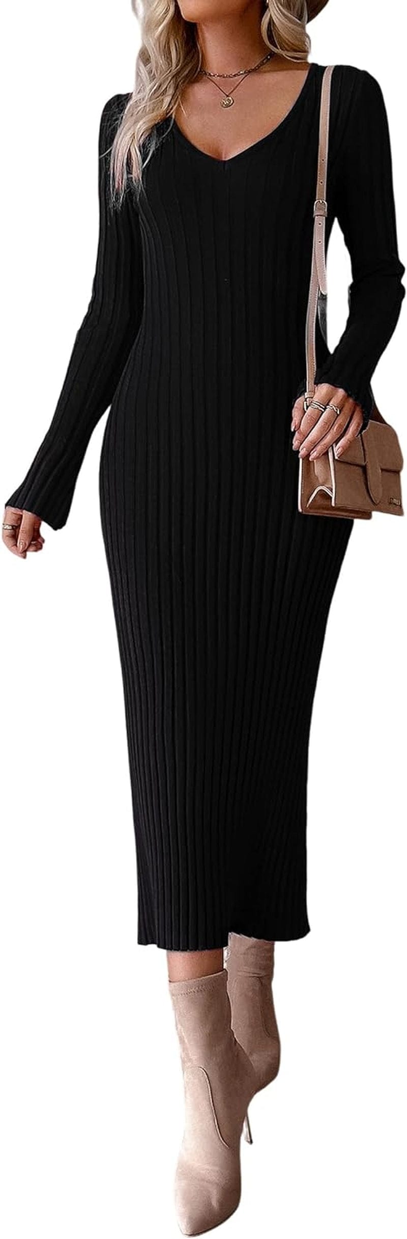 Vaiaye Woman'S Long Sleeve Sweater Dress 2023 Elegant Midi Dress Knit Dresses Side Slit Bodycon Dress for Women B-Black / Large