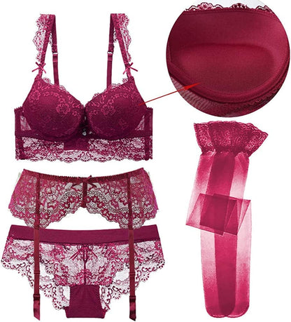 Varsmiss Sexy Lingerie Set Floral Lace Unlined Bra and High Waisted Panty Set for Women Black Wine Red / (36) C