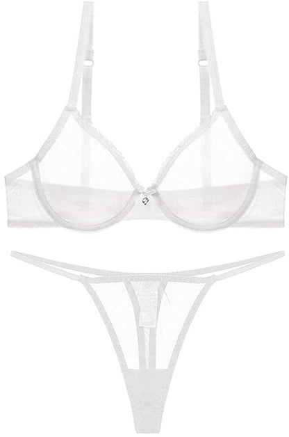 Varsmiss Women See through Mesh Bra and Thong Set Transparent Sexy Underwear White1 / 34D