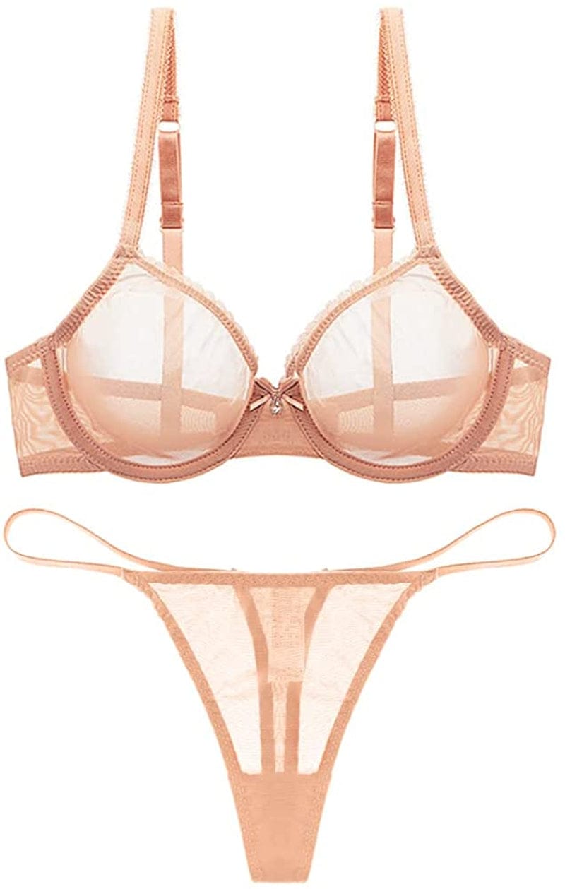 Varsmiss Women See through Mesh Bra and Thong Set Transparent Sexy Underwear Beige1 / 32C