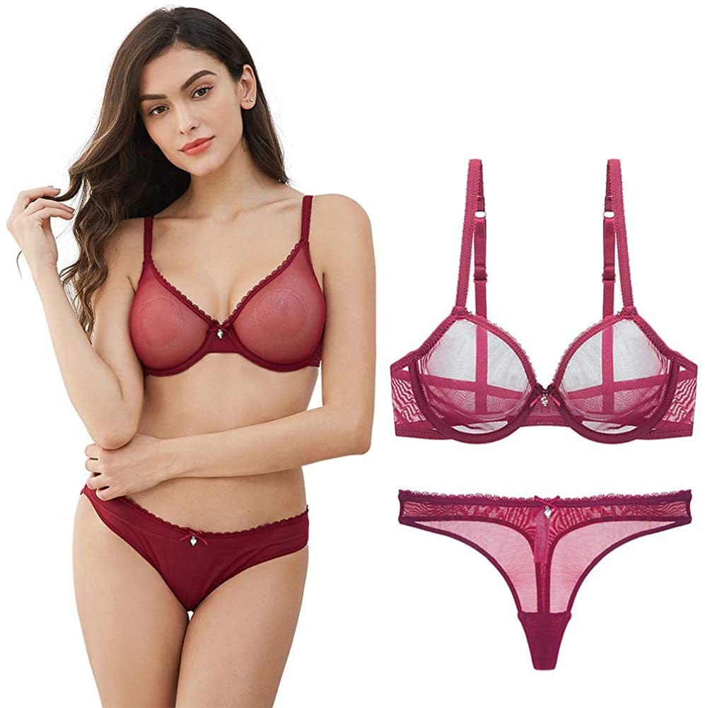 Varsmiss Women See through Mesh Bra and Thong Set Transparent Sexy Underwear Wine Red / 36B