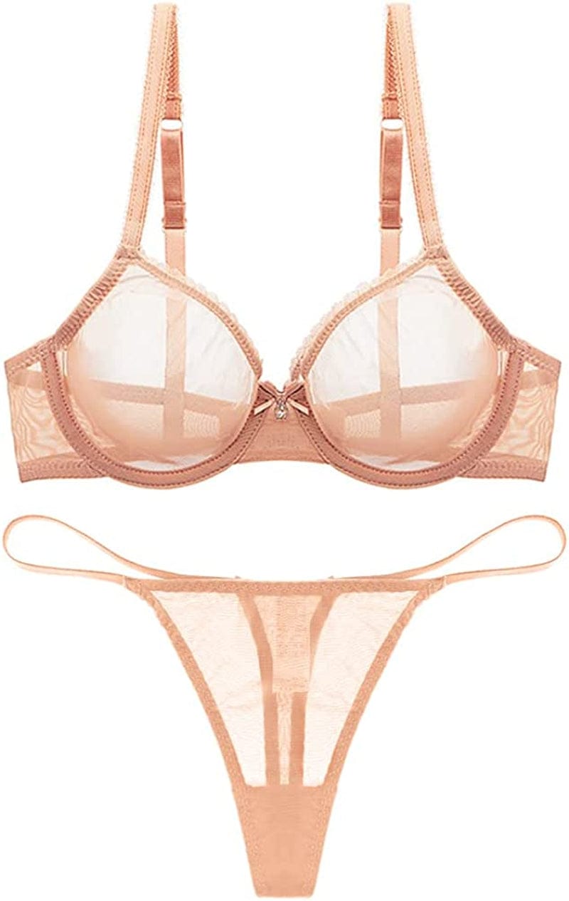 Varsmiss Women See through Mesh Bra and Thong Set Transparent Sexy Underwear Beige1 / 34C