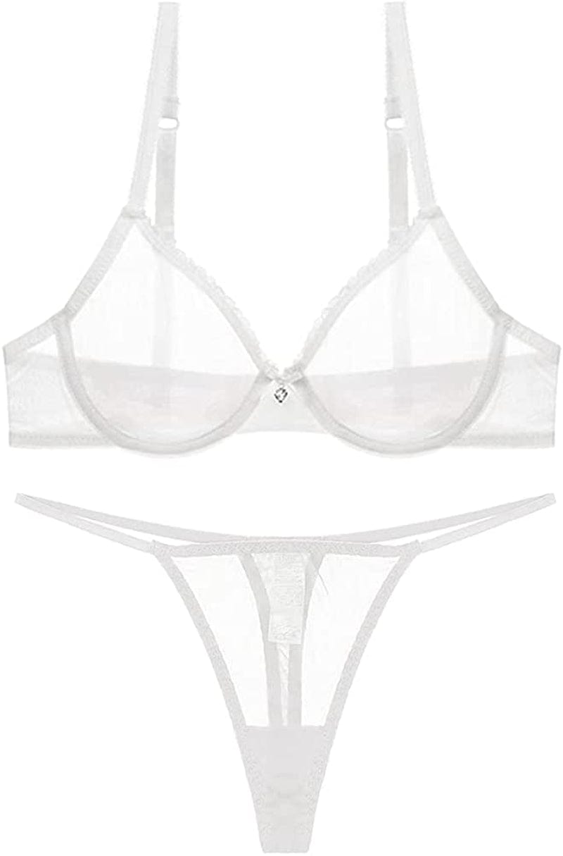 Varsmiss Women See through Mesh Bra and Thong Set Transparent Sexy Underwear White1 / 34B