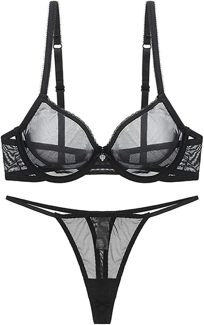 Varsmiss Women See through Mesh Bra and Thong Set Transparent Sexy Underwear Black1 / 34C