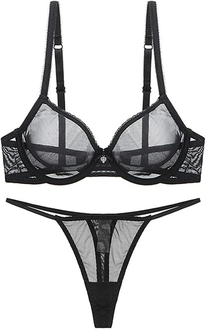Varsmiss Women See through Mesh Bra and Thong Set Transparent Sexy Underwear Black1 / 34C