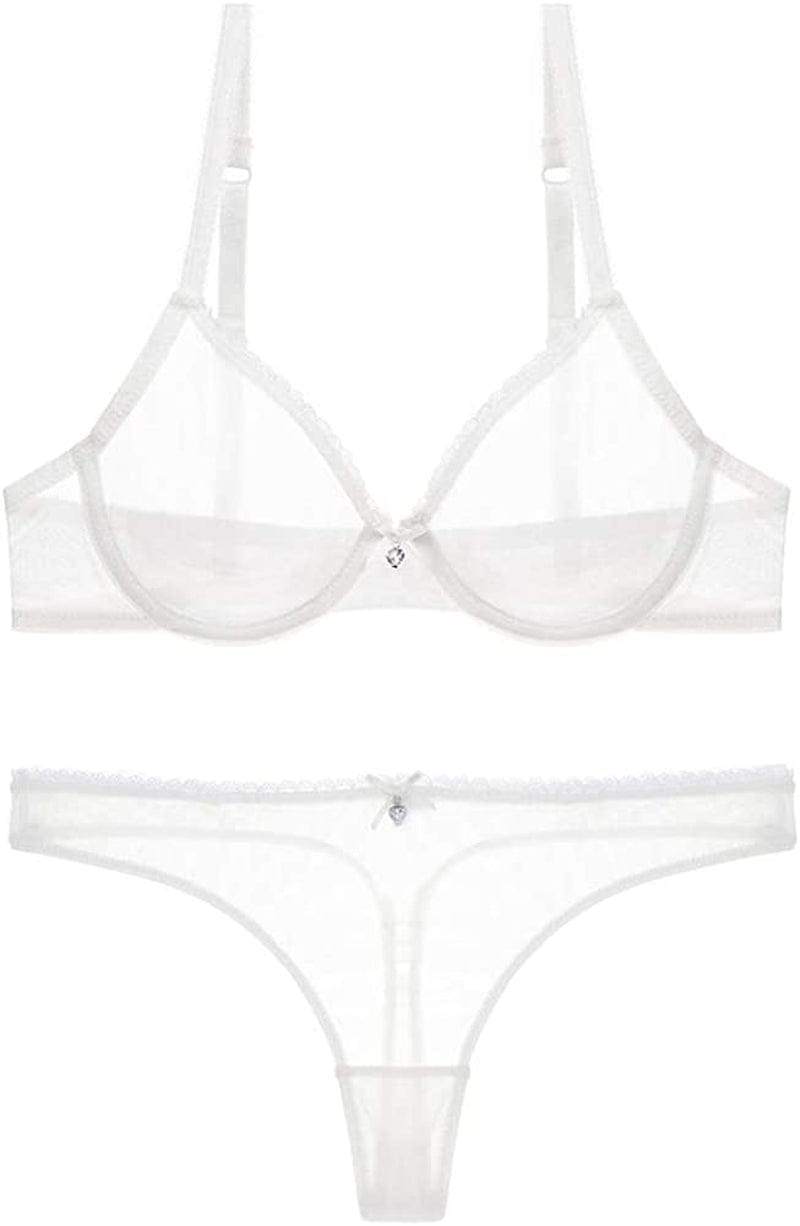 Varsmiss Women See through Mesh Bra and Thong Set Transparent Sexy Underwear White / 34C
