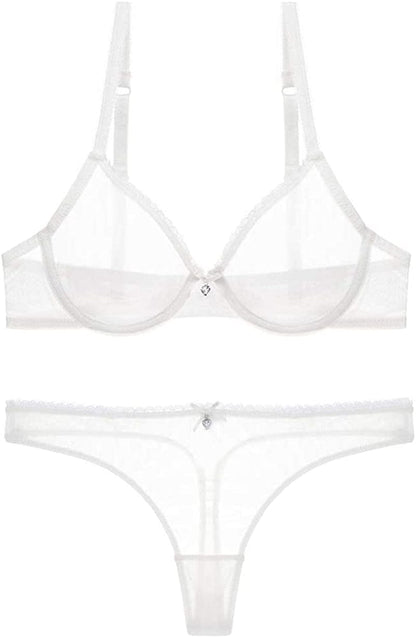 Varsmiss Women See through Mesh Bra and Thong Set Transparent Sexy Underwear White / 34C