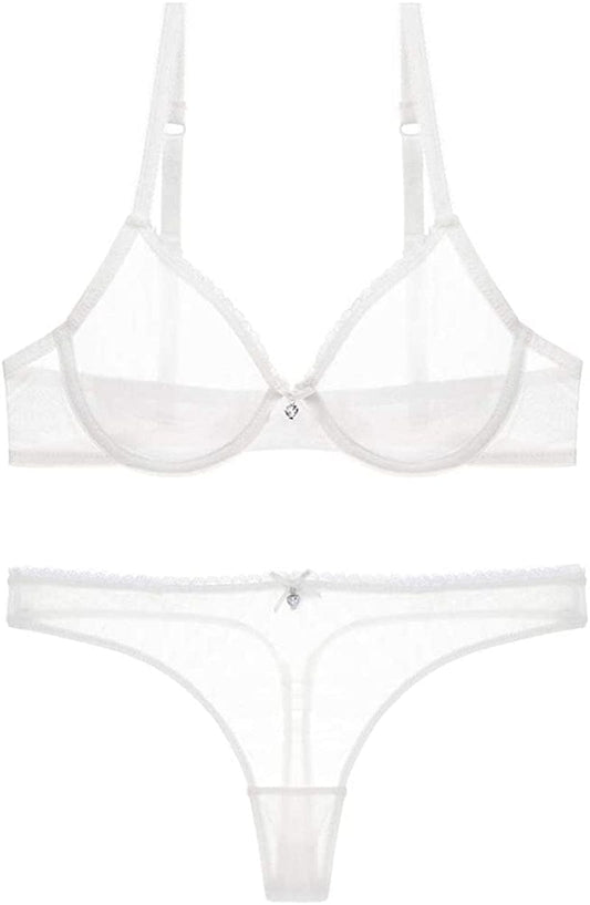 Varsmiss Women See through Mesh Bra and Thong Set Transparent Sexy Underwear White / 34C