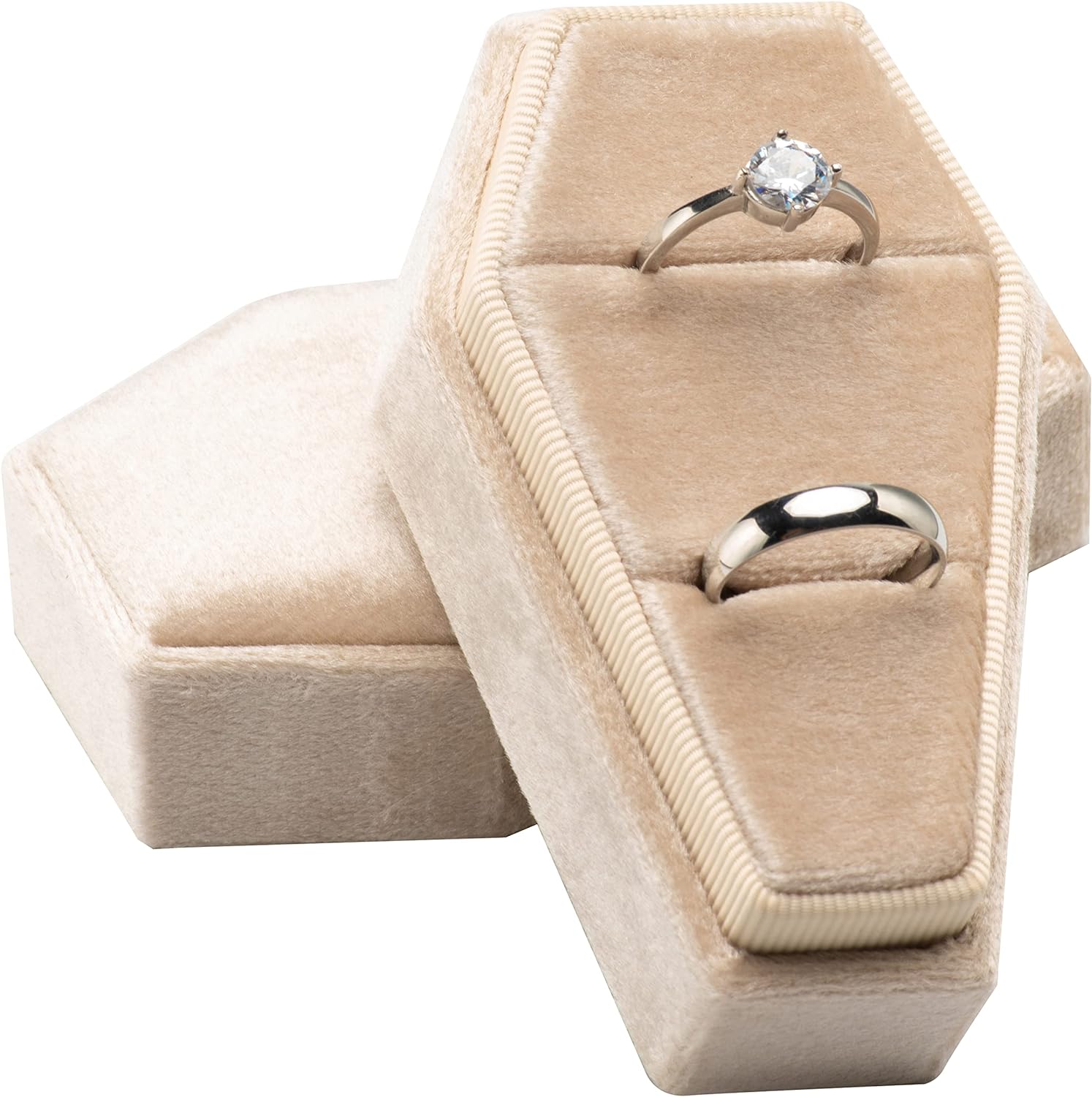 Velvet Coffin Ring Box Case Holder for Gothic Wedding Ceremony,Gothic Jewelry Organizer Decorations (Black) Beige