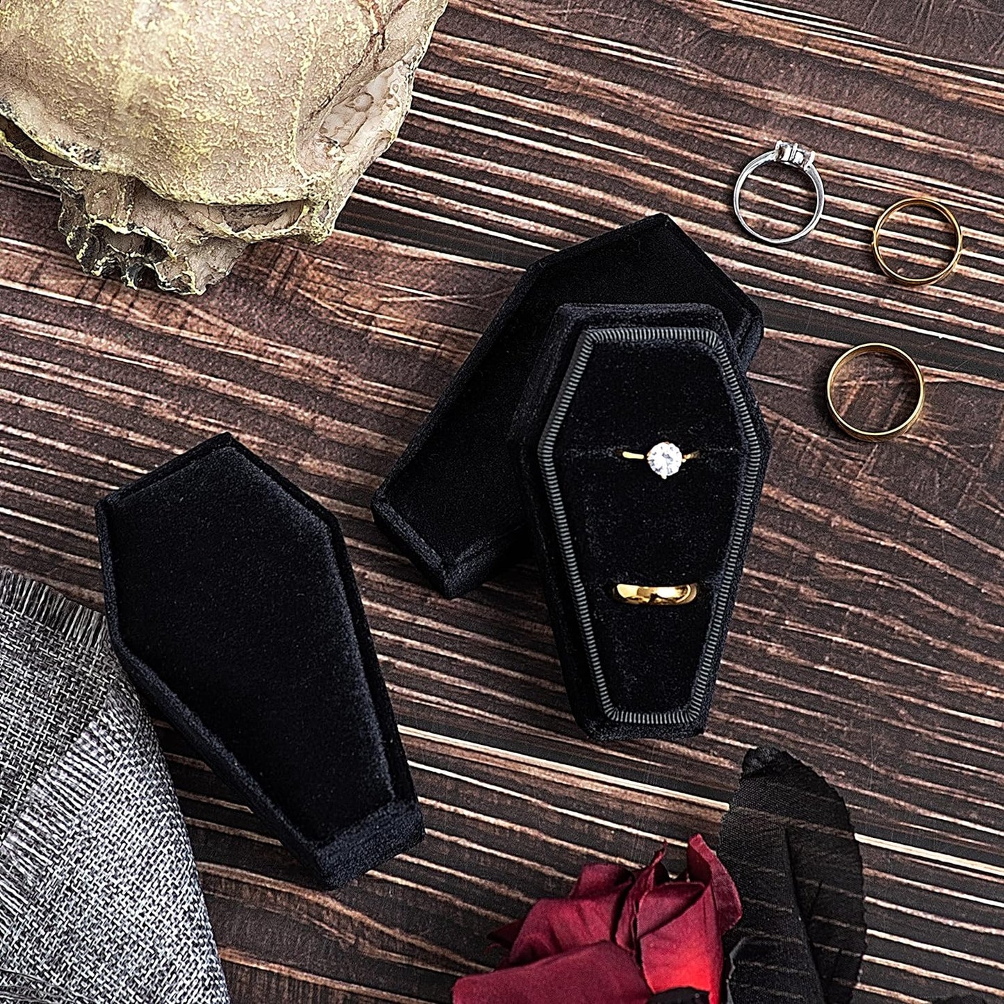 Velvet Coffin Ring Box Case Holder for Gothic Wedding Ceremony,Gothic Jewelry Organizer Decorations (Black)