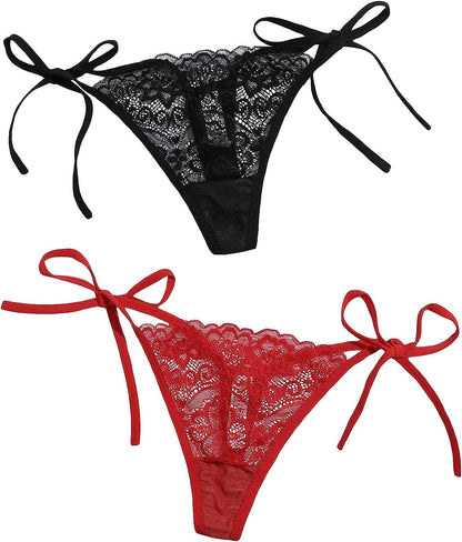 Verdusa Women'S Lace Thong Strappy Underwear Panty Set Sheer Floral Soft Low Waist Red Black / Small