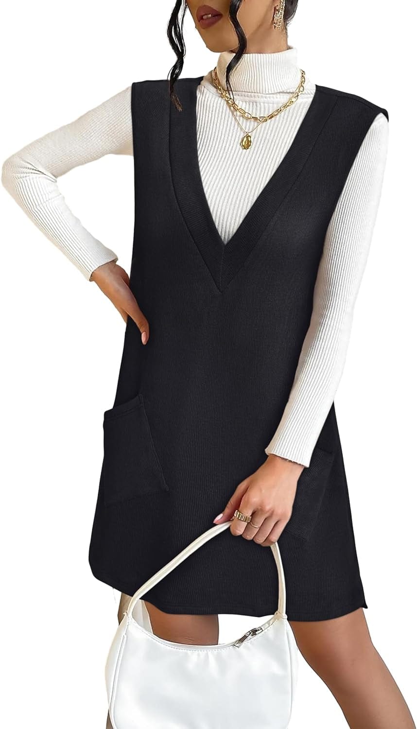 VETIOR Women'S Fall Winter Dress 2023 Sweater V Neck Sleeveless Pinafore Overall Dress with Pockets Black / Small