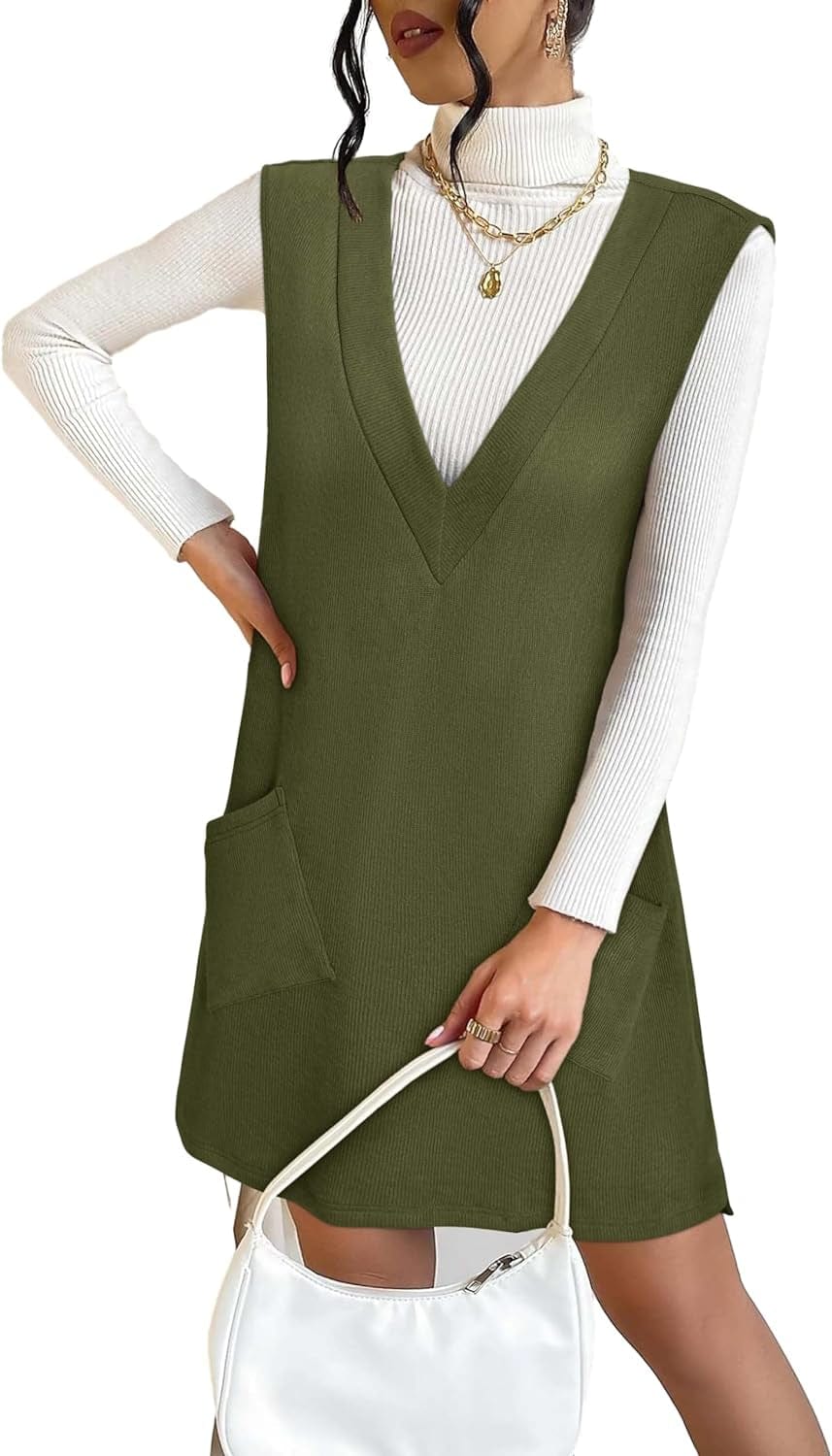 VETIOR Women'S Fall Winter Dress 2023 Sweater V Neck Sleeveless Pinafore Overall Dress with Pockets Army Green / Small