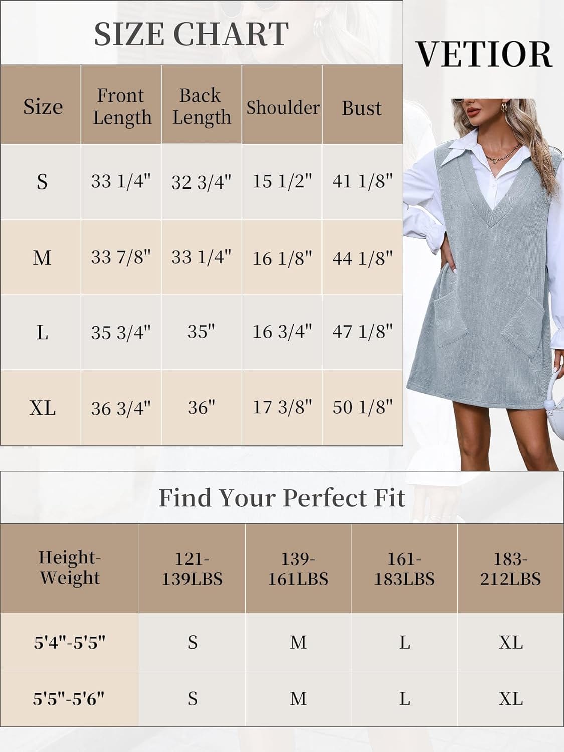 VETIOR Women'S Fall Winter Dress 2023 Sweater V Neck Sleeveless Pinafore Overall Dress with Pockets