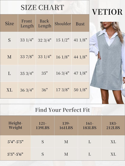 VETIOR Women'S Fall Winter Dress 2023 Sweater V Neck Sleeveless Pinafore Overall Dress with Pockets