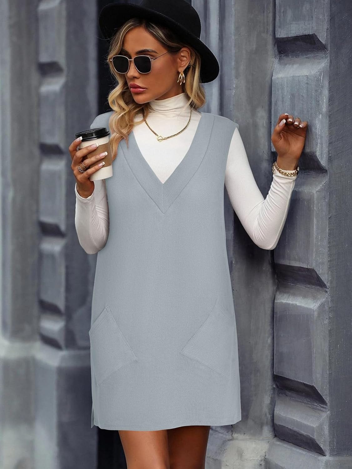 VETIOR Women'S Fall Winter Dress 2023 Sweater V Neck Sleeveless Pinafore Overall Dress with Pockets