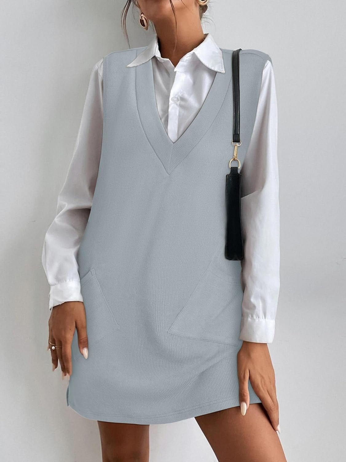 VETIOR Women'S Fall Winter Dress 2023 Sweater V Neck Sleeveless Pinafore Overall Dress with Pockets