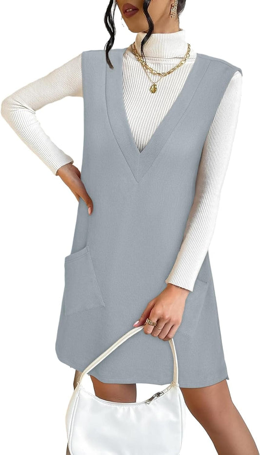 VETIOR Women'S Fall Winter Dress 2023 Sweater V Neck Sleeveless Pinafore Overall Dress with Pockets