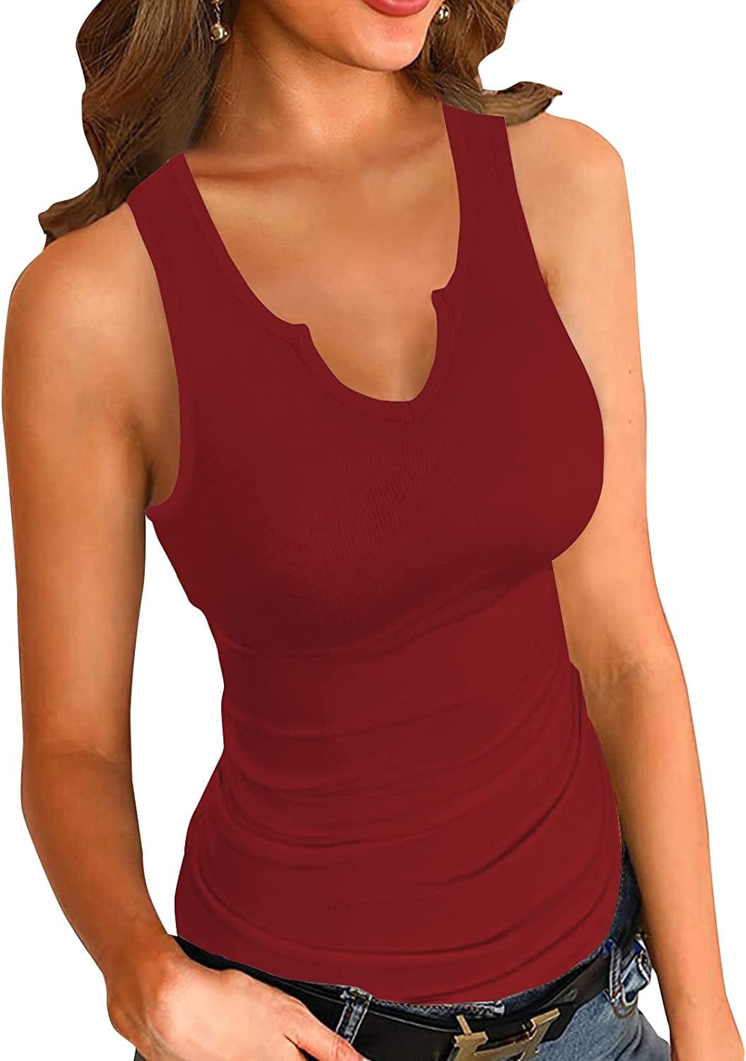 VICHYIE Tank Tops for Women Summer Sleeveless Shirts Ribbed Slim Fitted Tops A Wine Red / Large