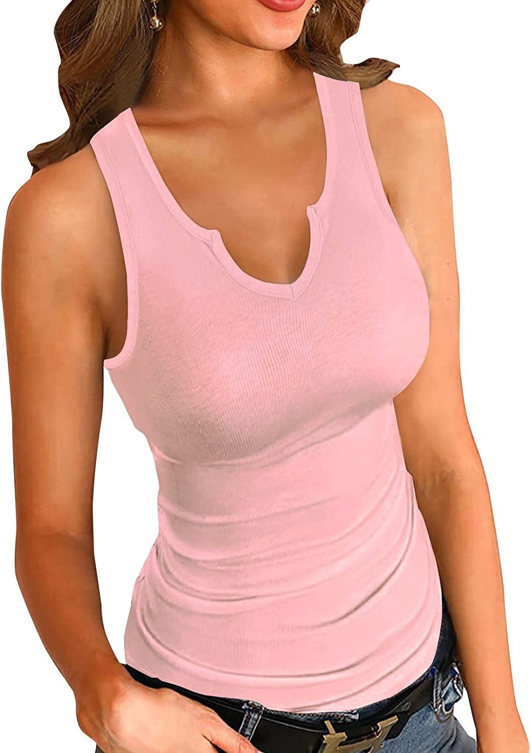 VICHYIE Tank Tops for Women Summer Sleeveless Shirts Ribbed Slim Fitted Tops A Pink / XX-Large
