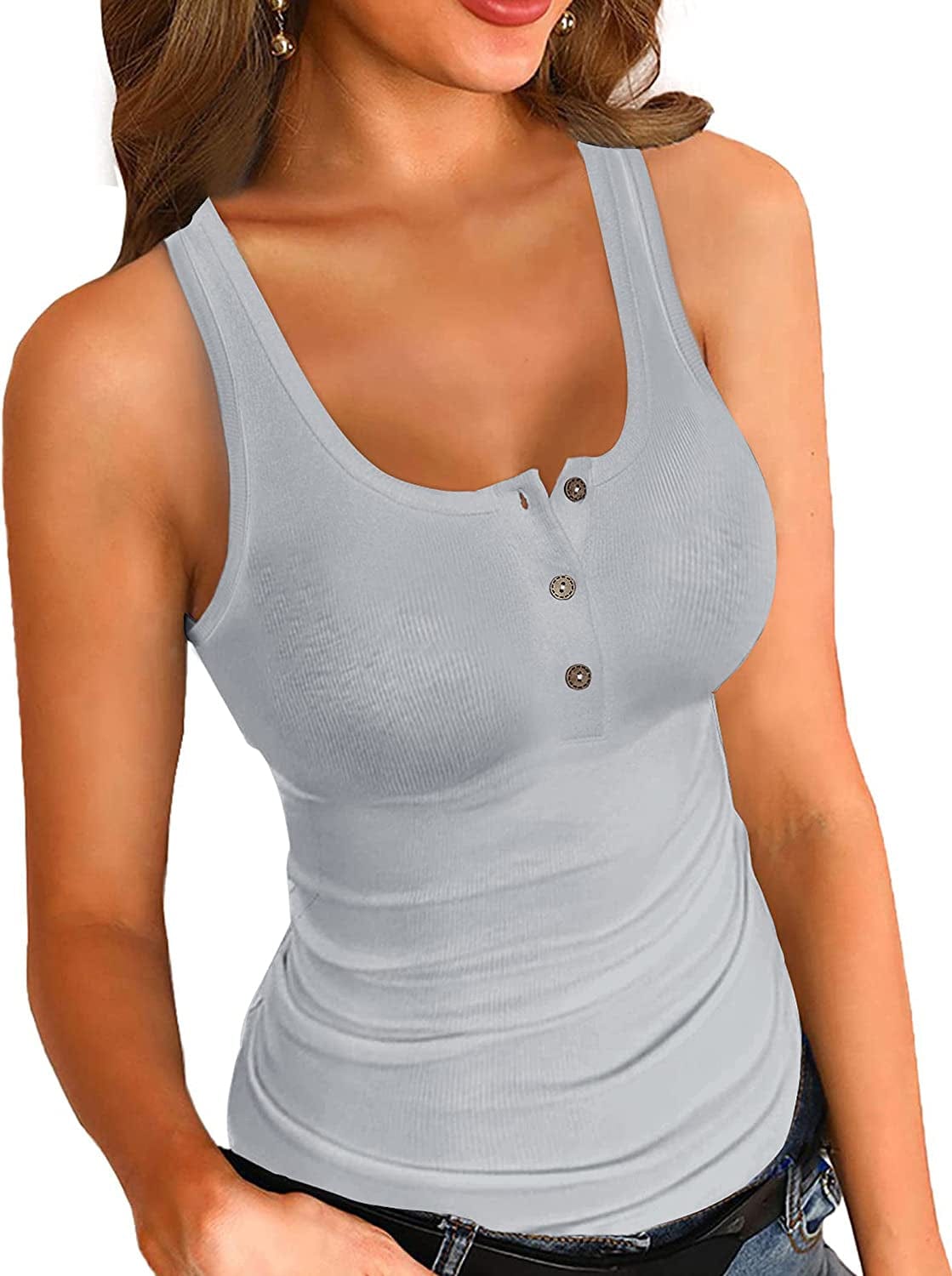 VICHYIE Tank Tops for Women Summer Sleeveless Shirts Ribbed Slim Fitted Tops B Grey / XX-Large